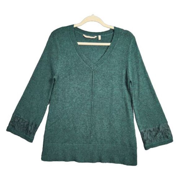 SOFT SURROUNDINGS Green 2CP34 Wool & Lace V-Neck Long Sleeve Sweater SIZE SMALL - Picture 1 of 12